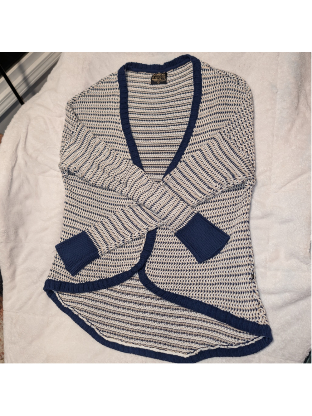 United By Blue Organic Cotton Open Front Cardigan Navy Cream Marled Knit